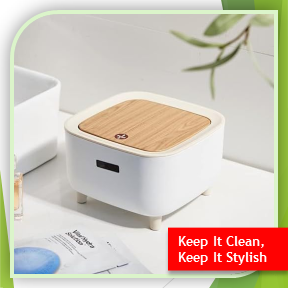 Mini Desktop Trash Can with Lid | Wooden Style Flip Cover (EX)