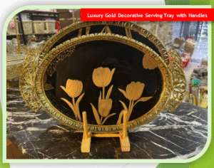 2 piece Set Luxury Gold Decorative Serving Tray with Handles | Elegant Black Leaf Design Tea & Snack Serving Tray for Home & Kitchen