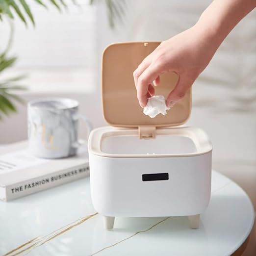Mini Desktop Trash Can with Lid | Wooden Style Flip Cover (EX) - Image 3