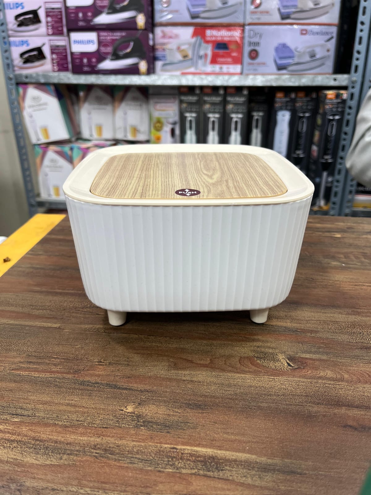 Mini Desktop Trash Can with Lid | Wooden Style Flip Cover (EX) - Image 2