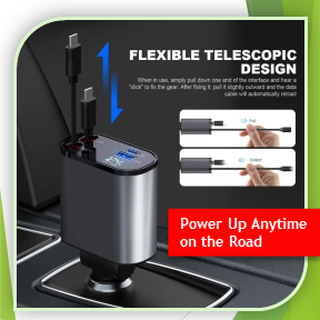 Compro 4-in-1 Retractable Fast Car Charger for iPhone & Type-C (Qd)