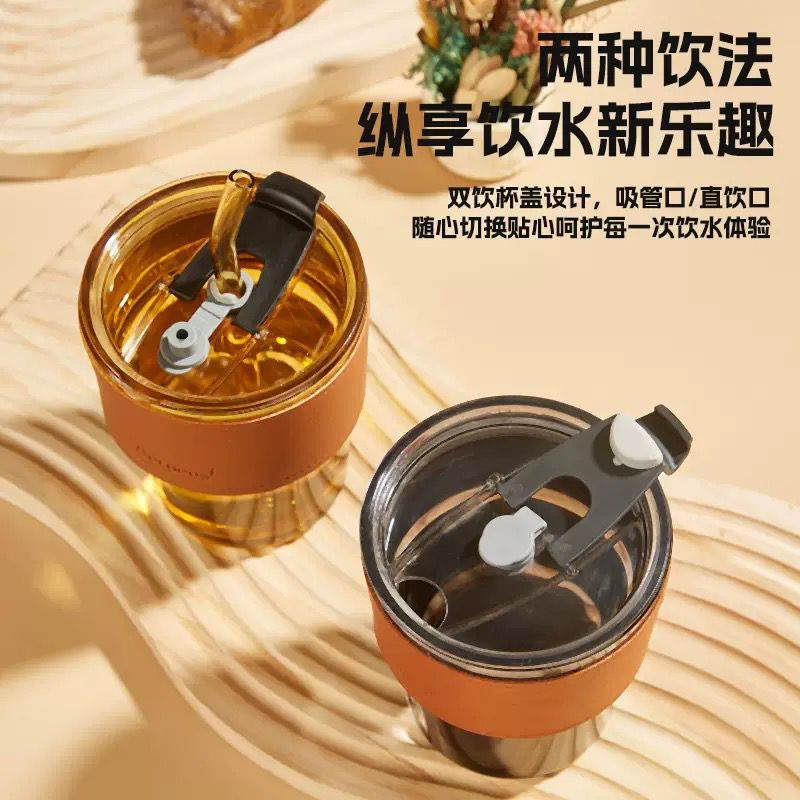 Deer Design Glass Water Cup with Straw – Bamboo Style (680ml) (QD) - Image 3