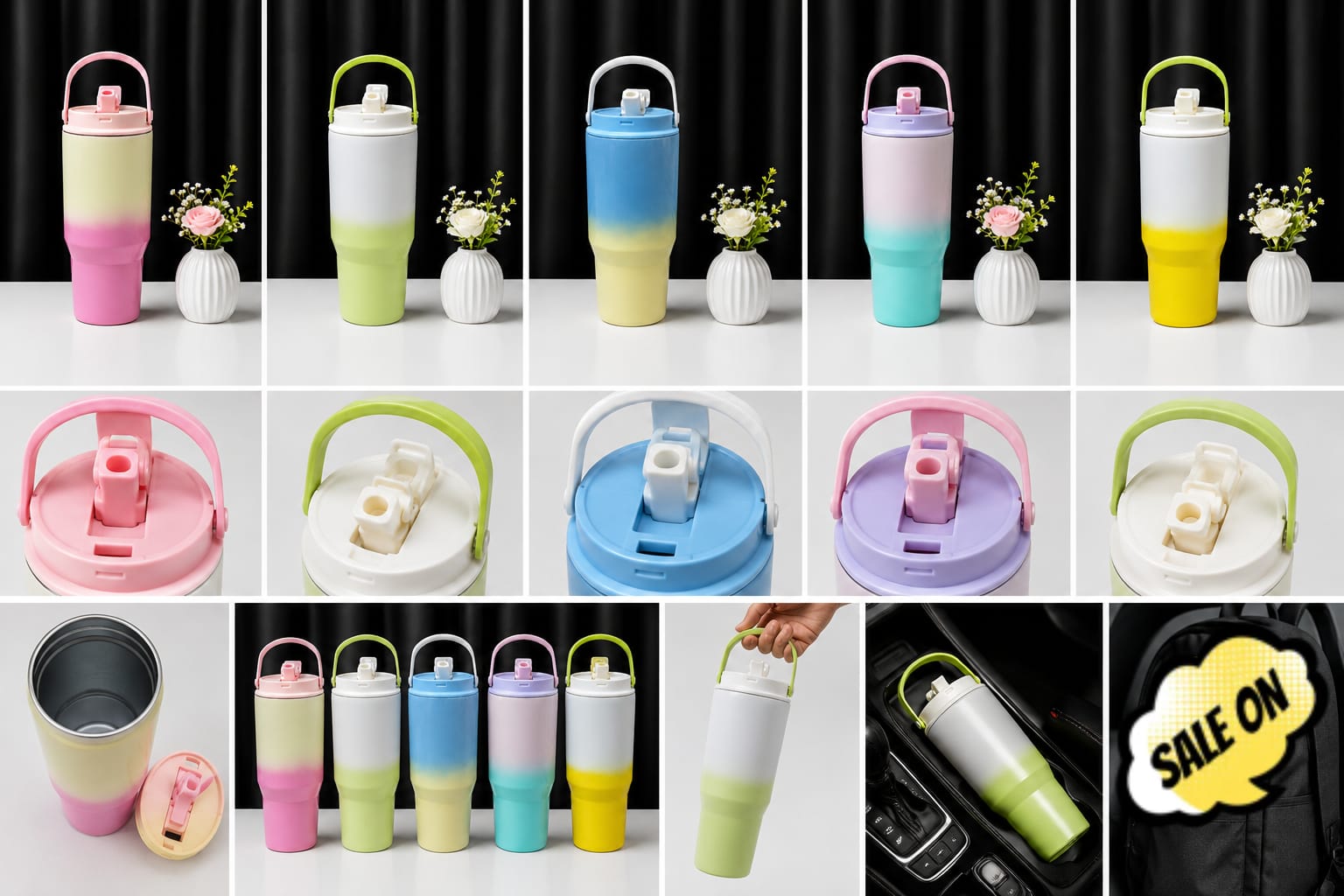 950ml Flip Straw Marble Handle Stainless Steel Tumbler (ASB) - Image 2