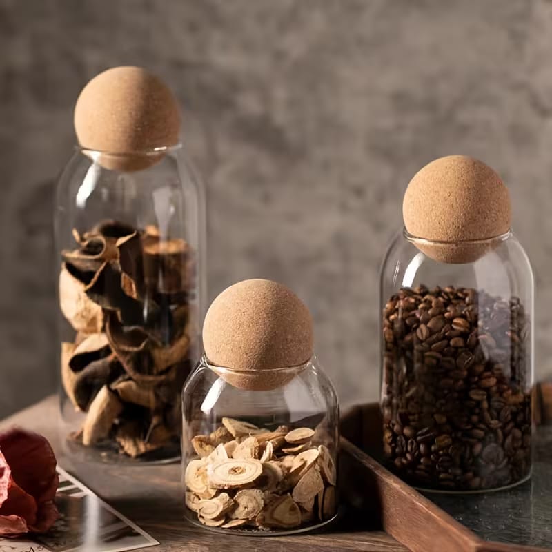 3-Piece Airtight Glass Storage Jar Set with Cork Lids - Image 3